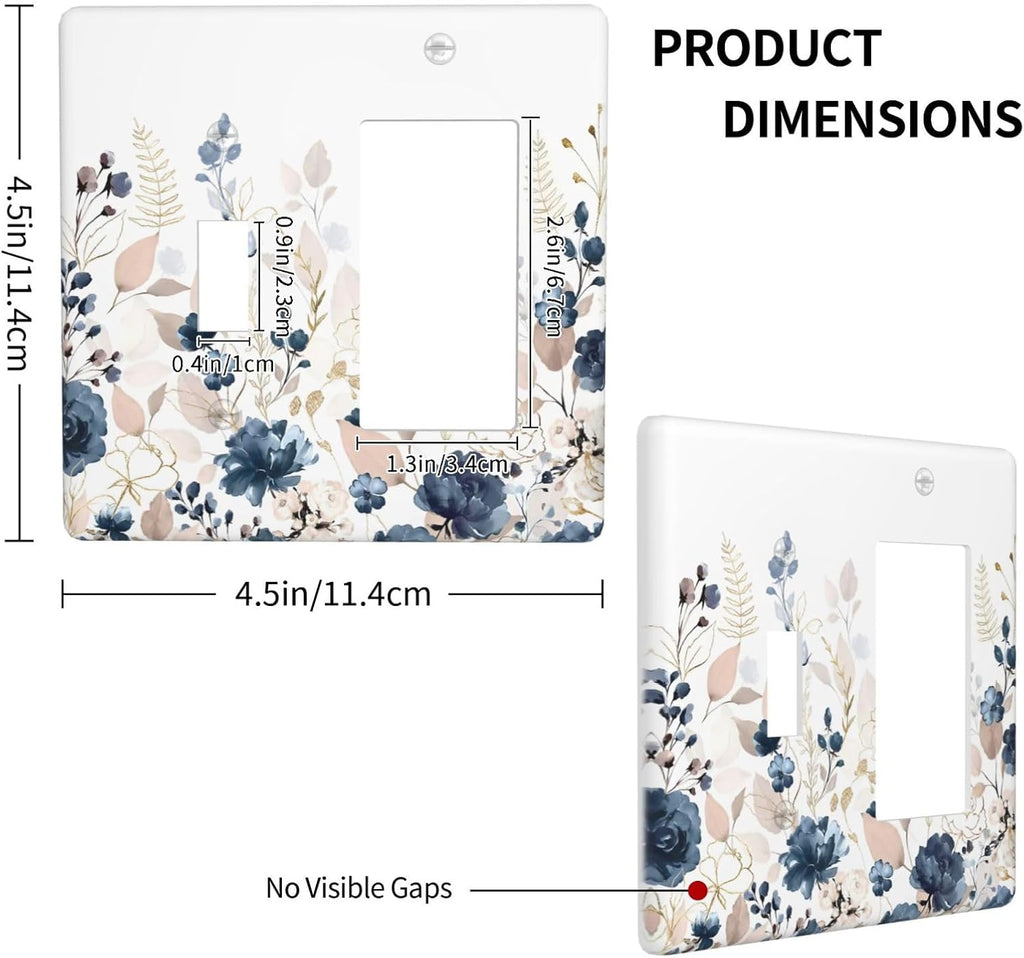 Blue Flora Boho Vintage Flower Golden Leaves Outlet Covers 1 Toggle 1 Rocker Combination Decorative Wall Plate Electrical Switch Plates Light Switch Cover Plate for Bedroom Living Room Decor