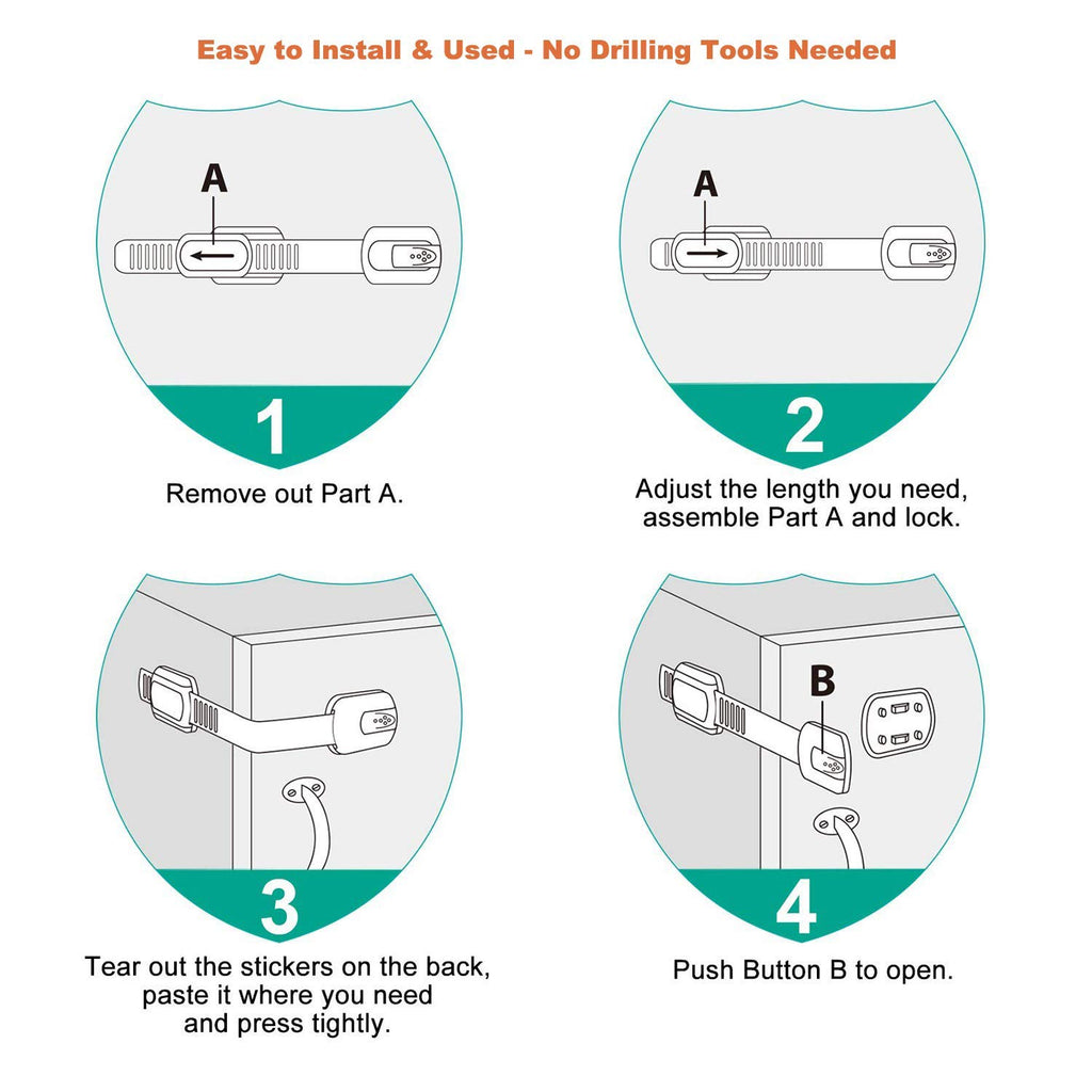16 Pack Vmaisi Multi-Use Adhesive Straps Locks - Childproofing Baby Proofing Cabinet Latches for Drawers, Fridge, Dishwasher, Toilet Seat, Cupboard, Oven,Trash Can, No Drilling (White) (16)