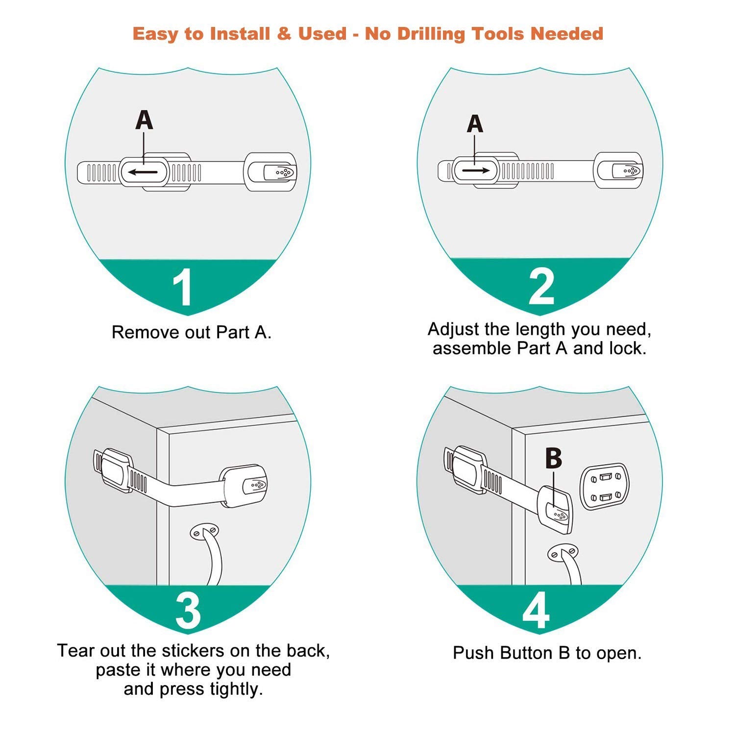16 Pack Vmaisi Multi-Use Adhesive Straps Locks - Childproofing Baby Proofing Cabinet Latches for Drawers, Fridge, Dishwasher, Toilet Seat, Cupboard, Oven,Trash Can, No Drilling (White) (16)