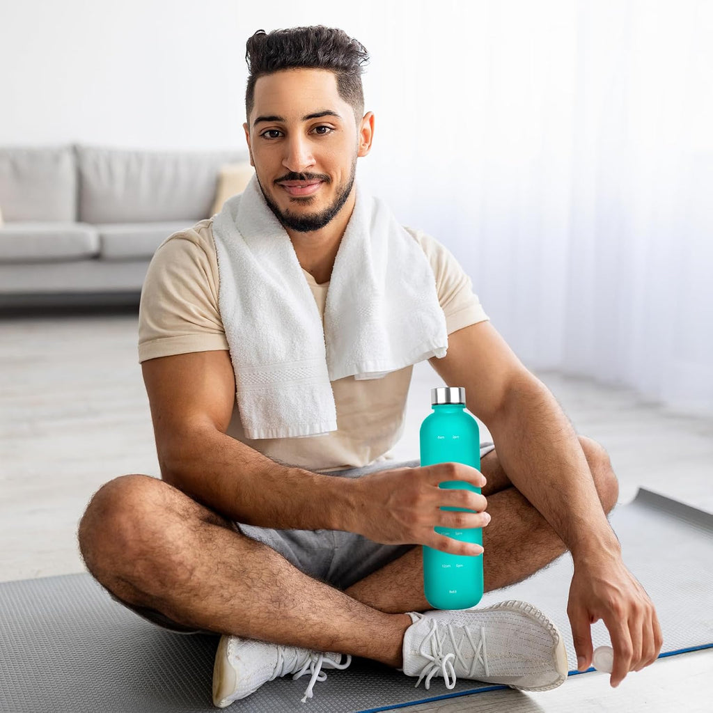 1L（33 oz） daily tracking schedule time hours reminder motivational day goals hydration capacity measured marker tracker plastic wide mouth measurements water bottle