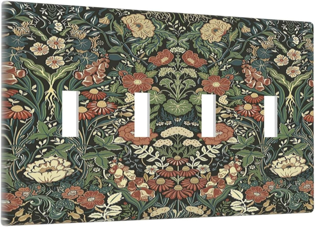Light Switch Covers Vintage Dark Floral William Morris Green Flower Quad Toggle Electrical Faceplate 4 Gang Wall Plate Decorative Switch Plates for living Room Home Decor