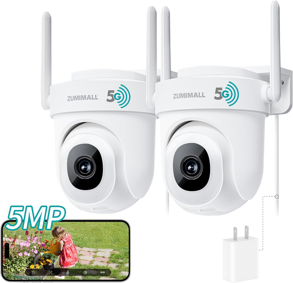 ZUMIMALL 5MP Outdoor Camera 2-Pack - 24/7 Recording Wired Power, Support 5GHz WiFi | Motion & Noise Detection, 360° PTZ Auto Tracking, Color Night Vision | IP66, Alexa Google Compatible