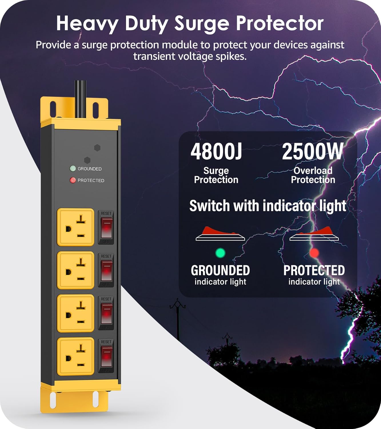 CCCEI Heavy Duty Surge Protector Power Strip 20 Amp Individual Switches. 10FT 12 Gauge Extension Cord with Multiple Outlets. Kitchen, Garage, Shop, Industrial Wall Mount Electric Extender, Yellow.