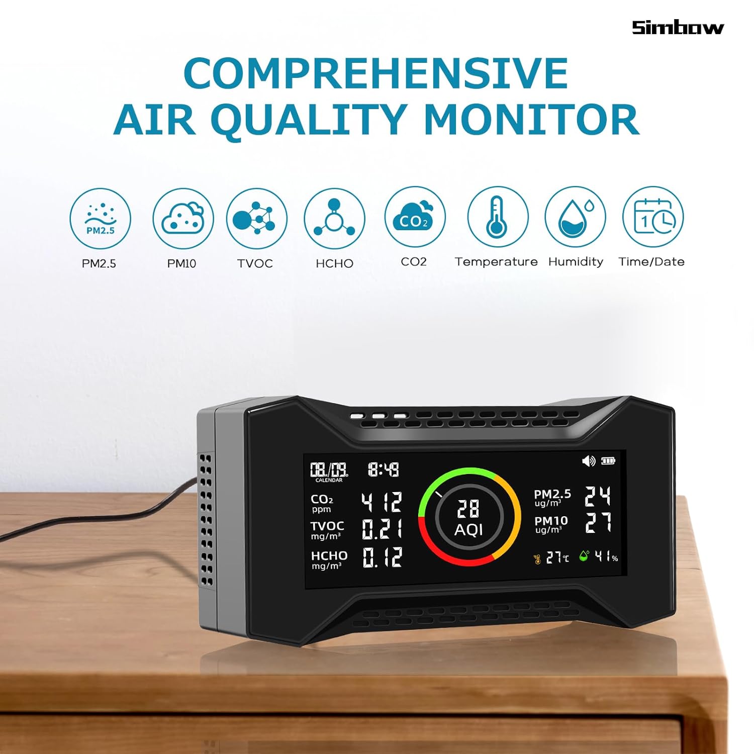 8-in-1 Air Quality Monitor Indoor, CF-20 Portable Air Quality Tester CO2 Monitor (PM2.5, PM10, CO2, VOC, Formaldehyde, Humidity, Temp) Wildfire Protection Long Battery Life & Real-Time Data