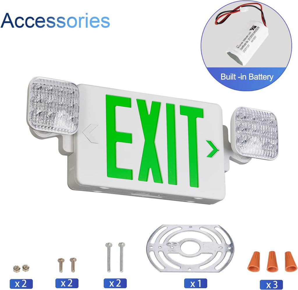 TANLUX Green Exit Sign with Emergency Lights, LED Exit Light - Battery Backup, UL Listed, AC 120/277V - Corded Commercial Emergency Light Combo
