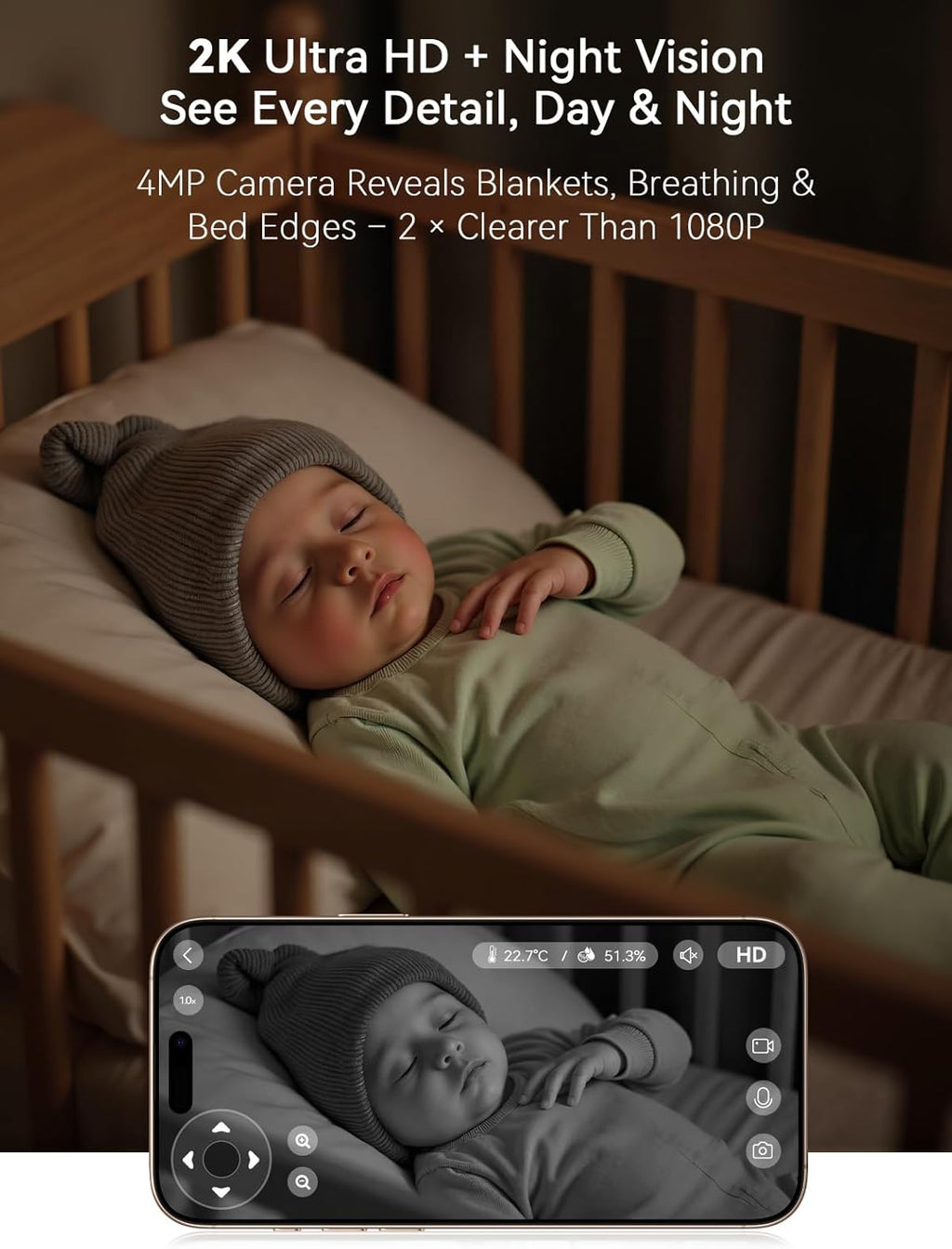 Outinput Baby Monitor with Camera and Audio, 2K 4MP Indoor Security Camera for Home, 360° PTZ, AI Crying & Feeding Alerts, Night Vision with Gentle Light, Soothing Lullabies, 2-Way Audio