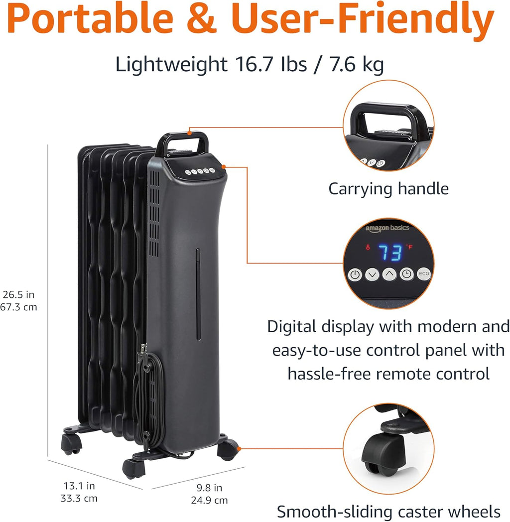Amazon Basics Oil Space Heater with Remote Control, Portable Radiator Heater with 7 Oil-Filled Fins Indoor Uses, 3 Heat Settings, Thermostat, Tip-Over Protection, ETL Safety Certificate, 1500W, Black
