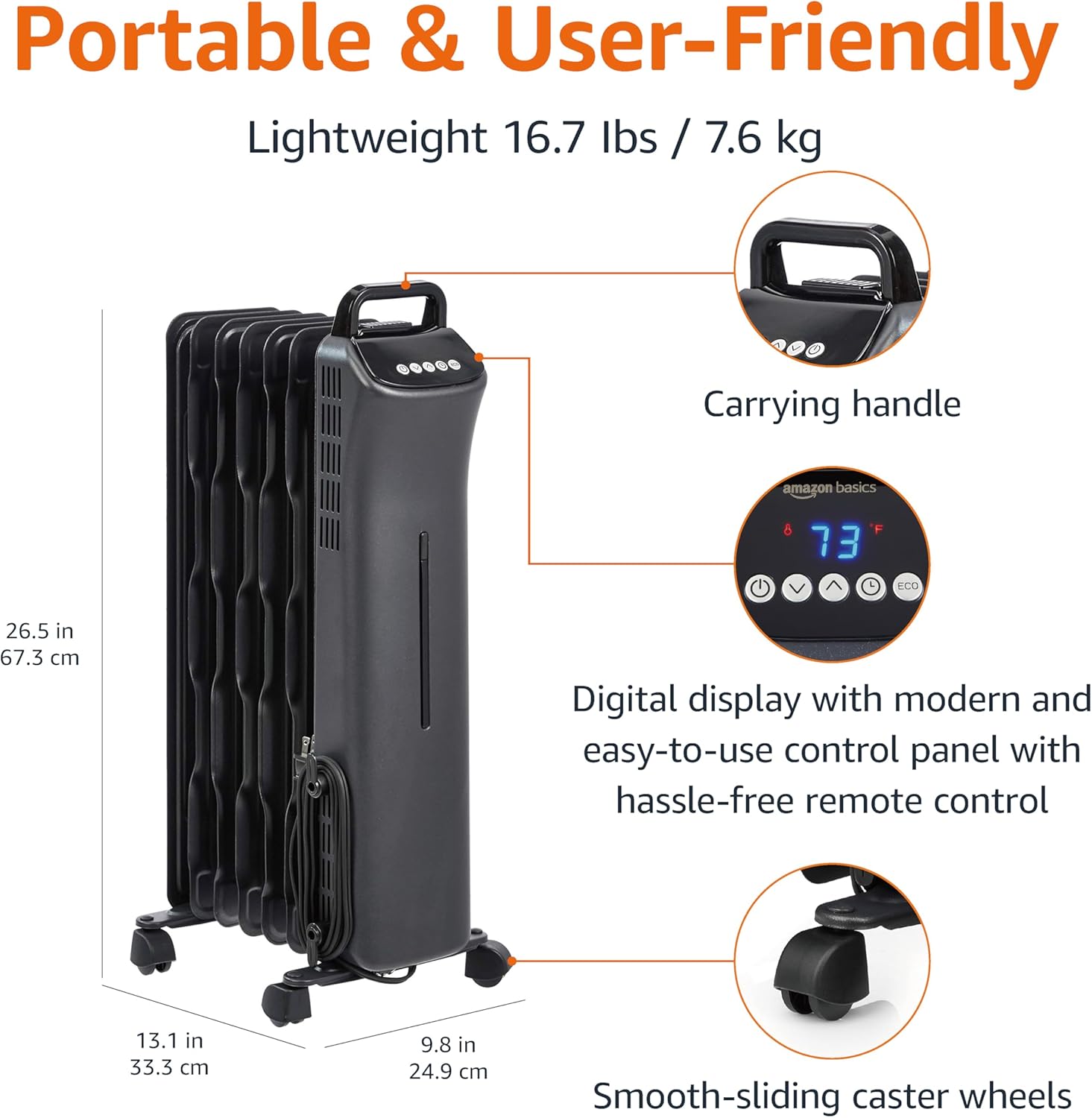 Amazon Basics Oil Space Heater with Remote Control, Portable Radiator Heater with 7 Oil-Filled Fins Indoor Uses, 3 Heat Settings, Thermostat, Tip-Over Protection, ETL Safety Certificate, 1500W, Black