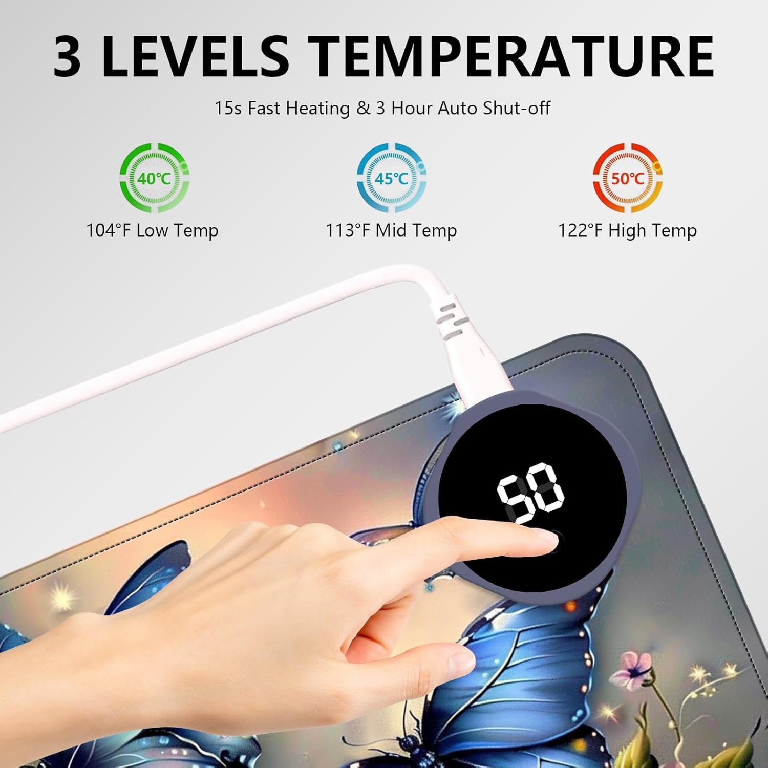 Heated Mouse Pad with 3 Levels Heated & 3 Hours Auto Shut-Off Mouse Pad for Warming Hands in Office Home, 23.6" x 14.2"Large Safe Desk Mat Hand Warmer，Blue Butterfly