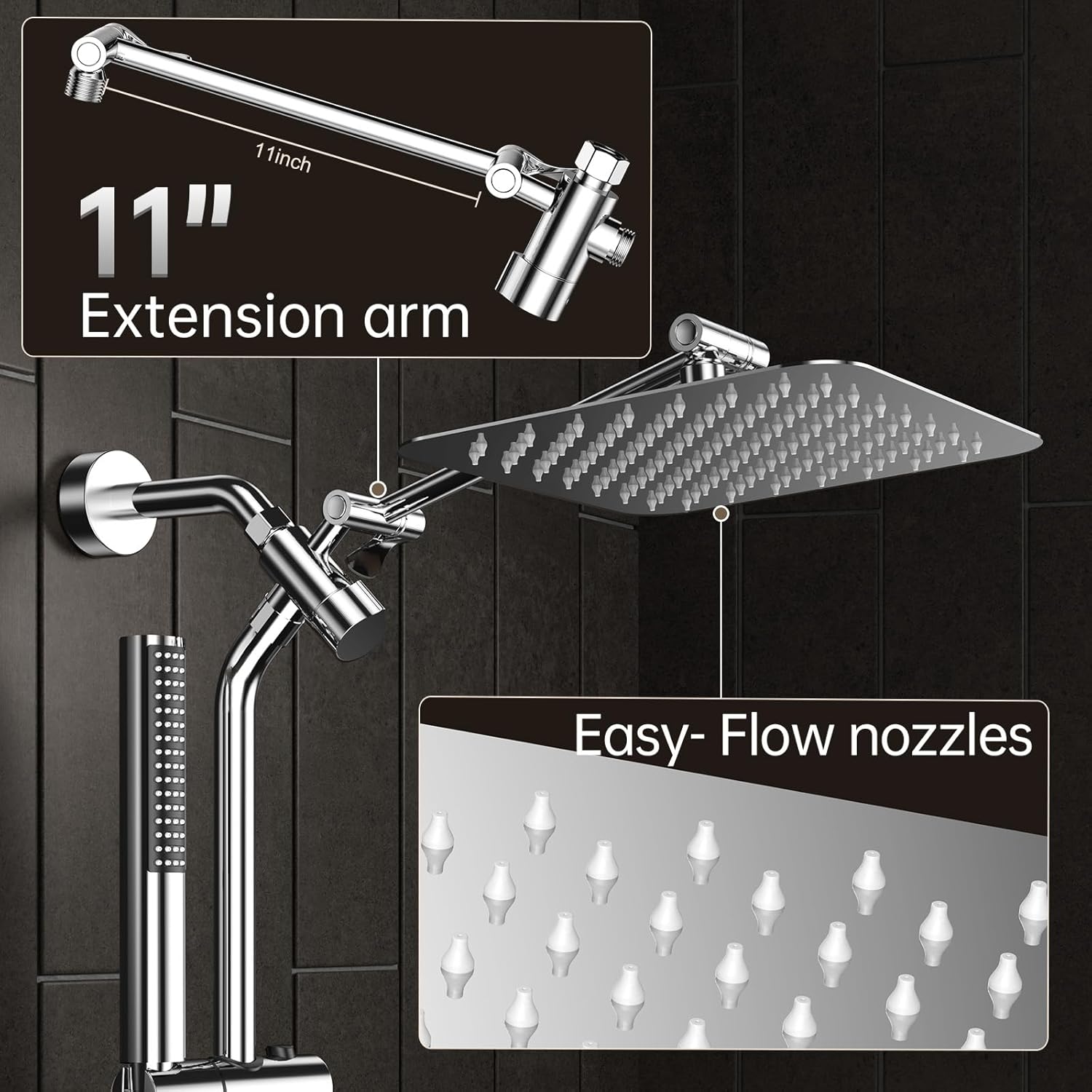 Veken 10'' All Metal Rain Shower Head with Handheld Spray Combo, Hand Held Bathroom Showerhead Combo with Extension Arm, Dual shower with Power Wash, Adjustable Rainfall Shower Head, Chrome