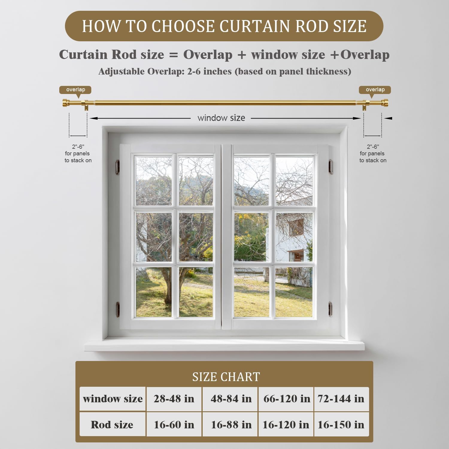 Oneach 2-Pack Heavy Duty Curtain Rods for Windows 66 to 120 Inch, 1 Inch Pole Adjustable Curtain Rod Set with Easy Installation and Modern Design (Brass Gold, 16 to 120 Inch)