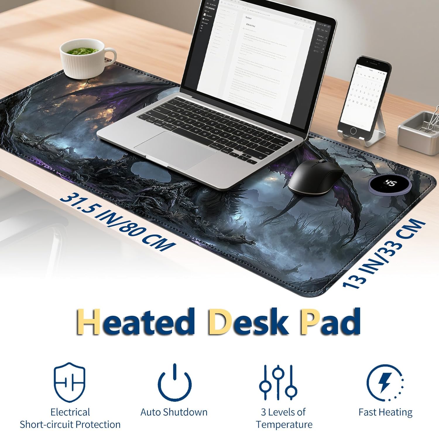 Heated Mouse Pad with 3 Temperature Settings(104°F–122°F),Large 31.5x13 Inch PU Leather Heated Desk Mat,Waterproof Warming Pad for Office,Gaming & Cold Hands Relief,Dark Dragon Fantasy
