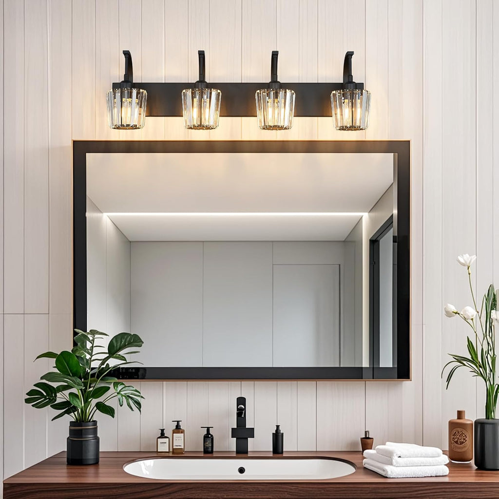 Modern Bathroom Vanity Light, 4-Light Black Wall Sconce with Crystal Accents, Over Mirror Bathroom Lighting Fixture, 32.67" Long Dimmable Vanity Lamp for Makeup, Easy Installation