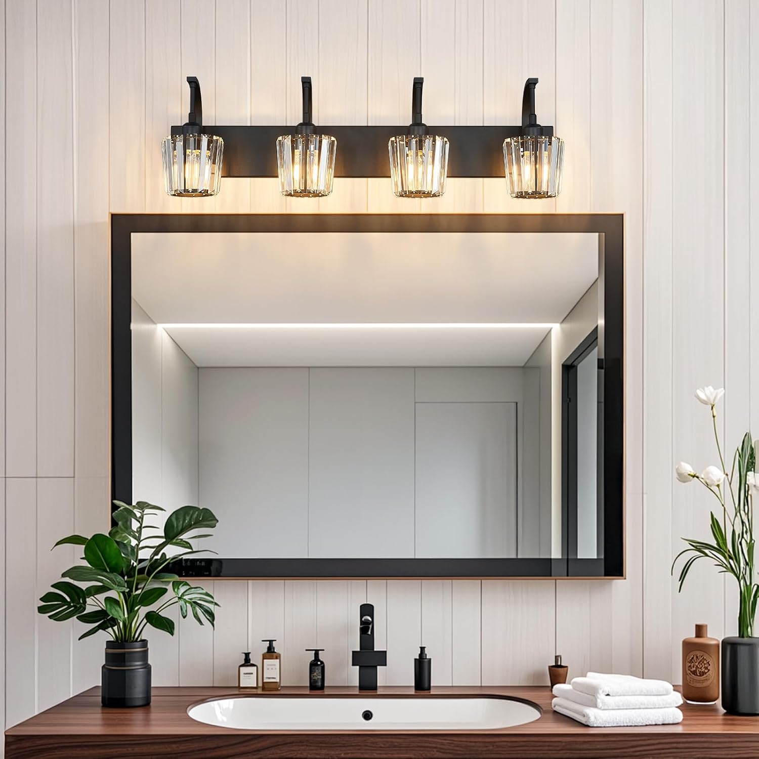 Modern Bathroom Vanity Light, 4-Light Black Wall Sconce with Crystal Accents, Over Mirror Bathroom Lighting Fixture, 32.67" Long Dimmable Vanity Lamp for Makeup, Easy Installation