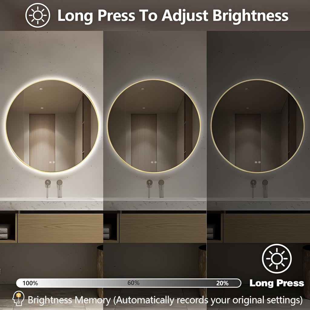 Niccy Round Led Mirror for Bathroom, 36" Backlit Mirrors for Wall Circle Lighted Mirror with Old Gold Frame Anti-Fog, 3 Colors, HD Glass and IP65 Waterproof