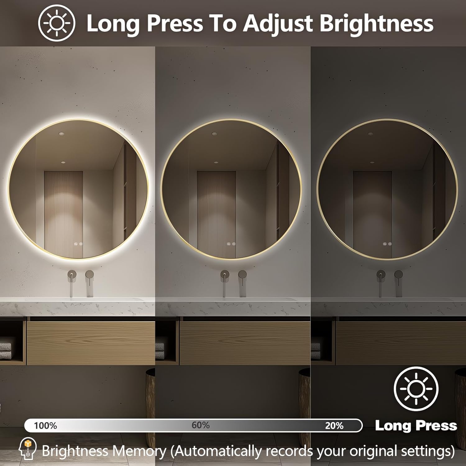Niccy Round Led Mirror for Bathroom, 36" Backlit Mirrors for Wall Circle Lighted Mirror with Old Gold Frame Anti-Fog, 3 Colors, HD Glass and IP65 Waterproof