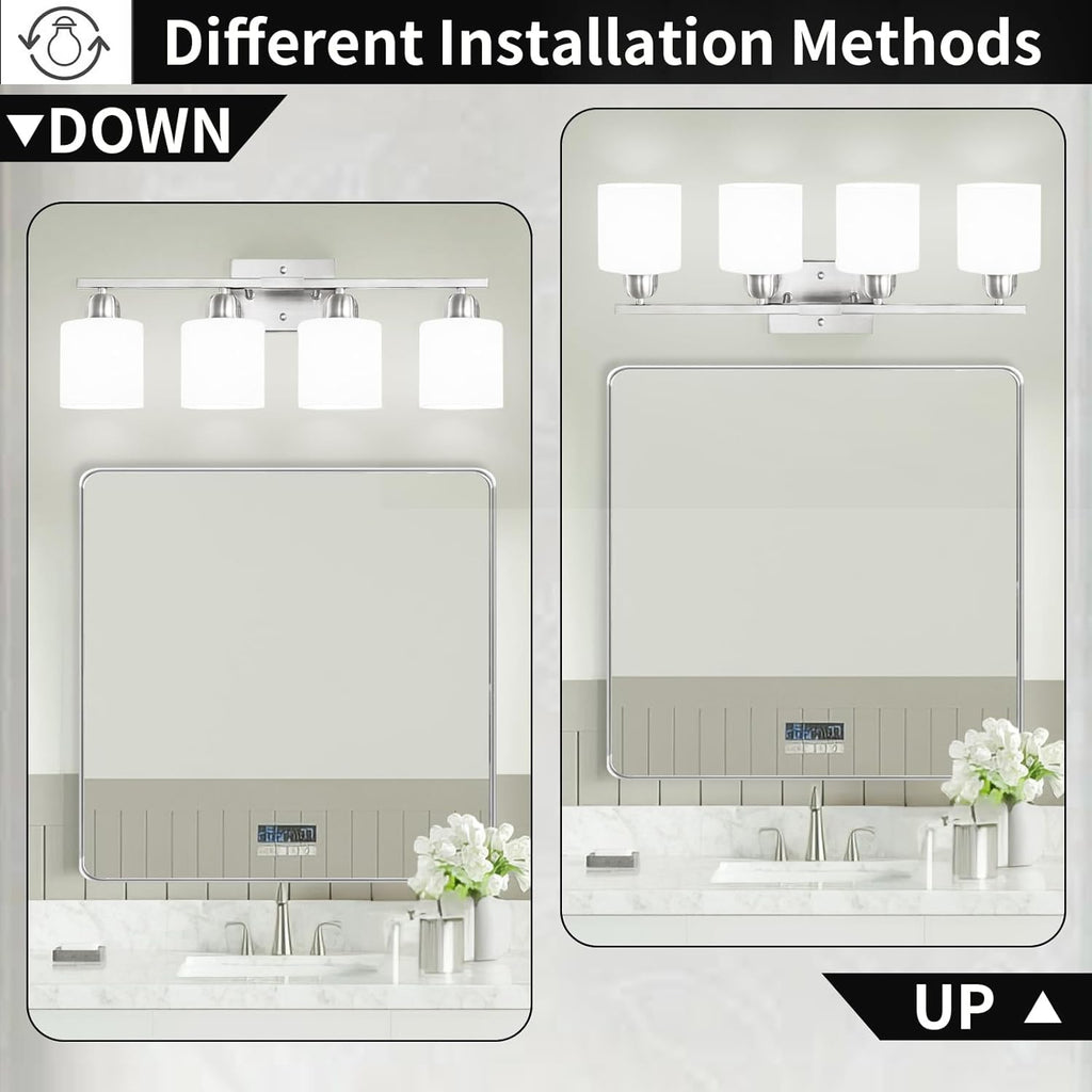 4 Light Bathroom Light Fixtures, Brushed Nickel Vanity Lights for Bathroom with Milky White Frosted Glass Shade, Wall Lights for Mirror Bedroom Living Room E26 Base