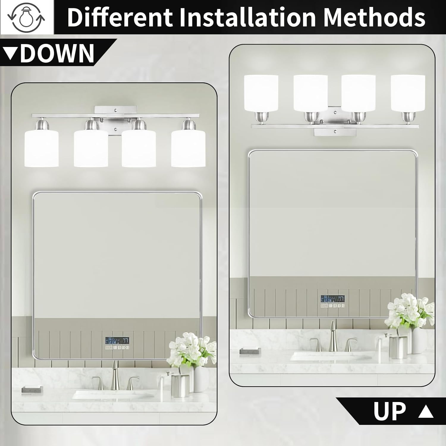 4 Light Bathroom Light Fixtures, Brushed Nickel Vanity Lights for Bathroom with Milky White Frosted Glass Shade, Wall Lights for Mirror Bedroom Living Room E26 Base