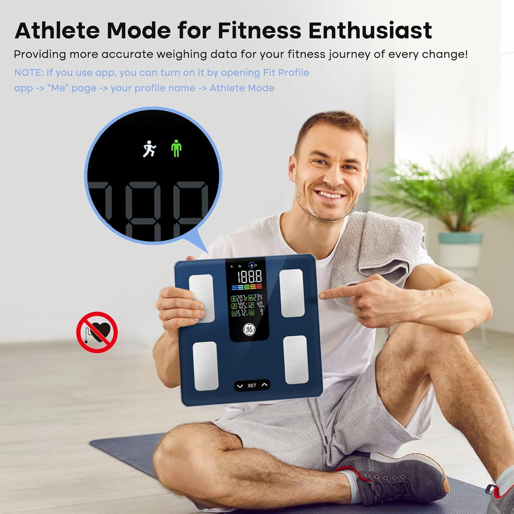 GE Smart Scale for Body Weight, BMI, Body Fat, Muscle Mass, Digital Bathroom Scales 500lbs for Bluetooth Weight Monitor 11.8" Large Platform Weighing Machine Health Analyzer Dark Blue-Button Function