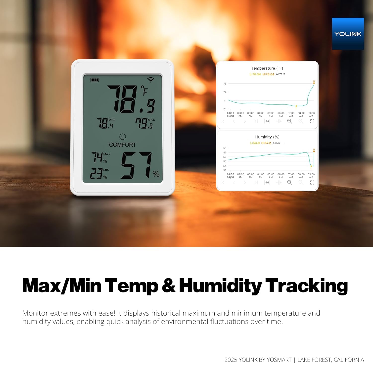 YoLink Indoor Thermometer Hygrometer YS8023 with LCD Comfort Display, Magnetic Mount for Kitchen Use, Max/Min Tracking, LoRa, 5-Year Battery, Alexa/IFTTT – Hub Required