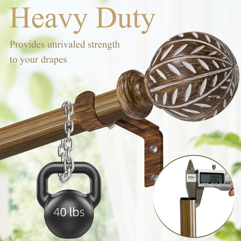 Boho Wooden Curtain Rods for Windows 28 to 48 Inches(2.3-4 ft), Adjustable-Heavy Duty 1" Diameter Drapery Rod with Imitation Wood-Grain Leaf-Pattern Finials - for Living Room & Bedroom，18-45''