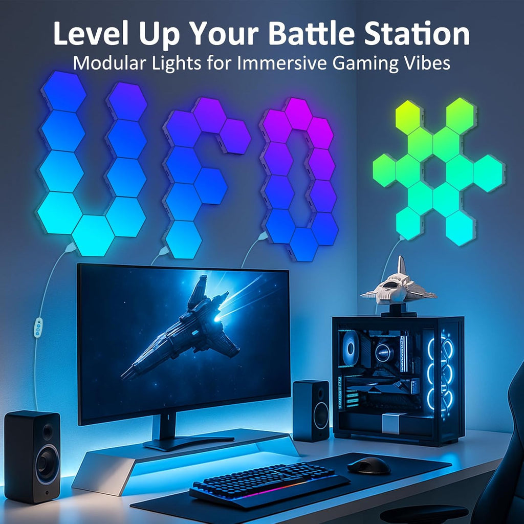Hexagon LED Light Panels 8 Pack – Smart RGB Wall Lights with APP & Remote Control – Music Sync Modular Gaming Lights for Bedroom, Living Room, Wall Decor