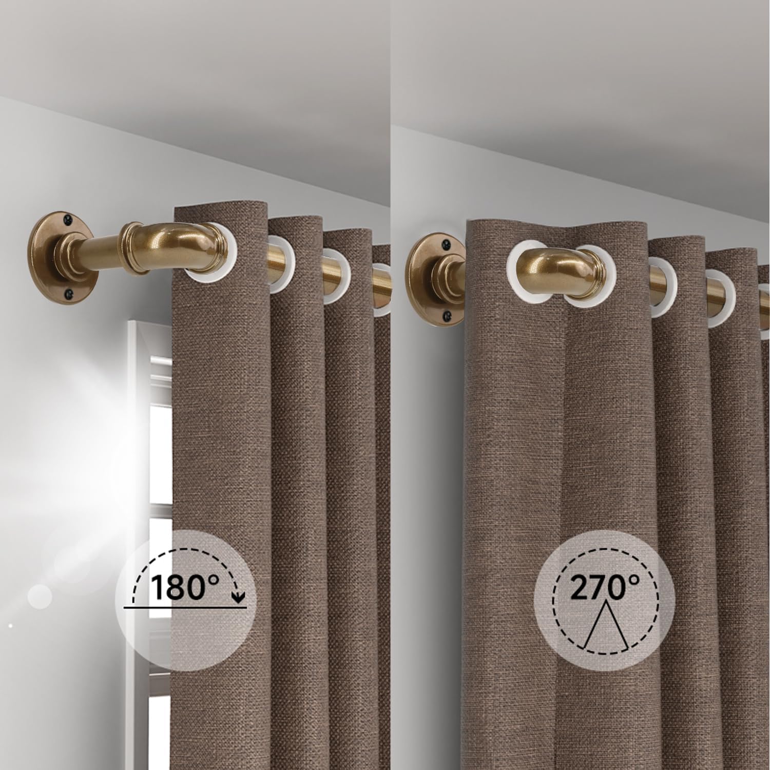 Industrial Curtain Rods 18 to 45 in,Blackout Curtain Rod,Adjustable Length,1 in Diameter Pipe,Wall or Ceiling Mounted,for Bedroom and Living Room (Coffee Gold 18” to 45”)