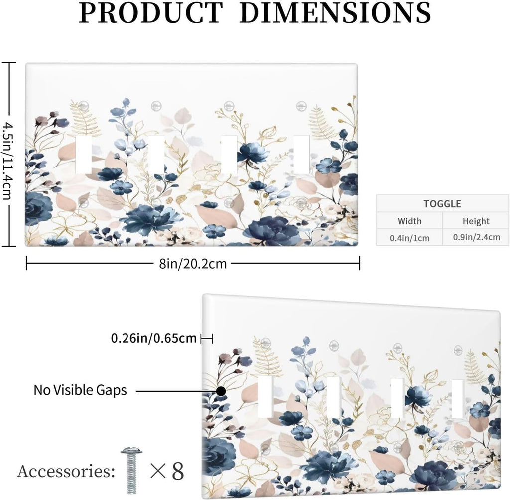Blue Flora Boho Vintage Flower Golden Leaves Light Switch Covers Quad Toggle Electrical Faceplate 4 Gang Wall Plate Decorative Switch Plates Cover for Bedroom Living Room Decor