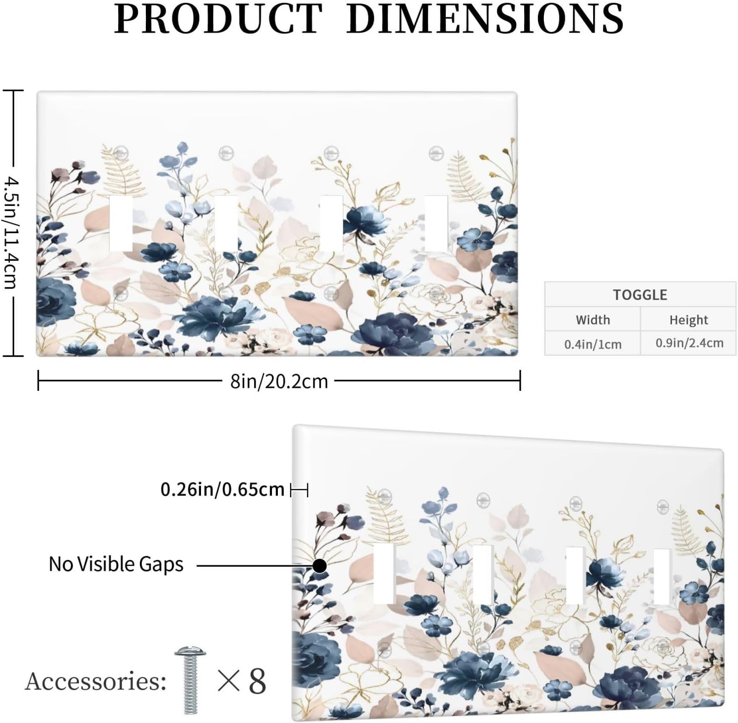 Blue Flora Boho Vintage Flower Golden Leaves Light Switch Covers Quad Toggle Electrical Faceplate 4 Gang Wall Plate Decorative Switch Plates Cover for Bedroom Living Room Decor