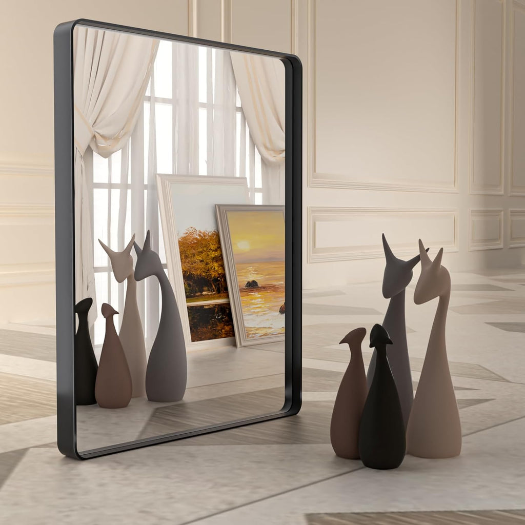36x36 Inch Black Bathroom Mirror,Rectangle Matte Black Bathroom Vanity Mirror for Wall,Tempered Glass,Round Corner Black Metal Framed Mirror