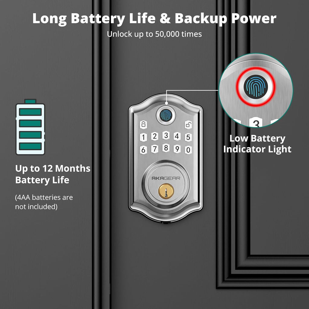 DS10 Keyless Entry Door Lock - Fingerprint Door Lock with 2 Keys, Electronic Keypad Deadbolt, Smart Door Lock, Keypad Lock for Front Door, Auto-Lock & One Touch Locking - Satin Nickel