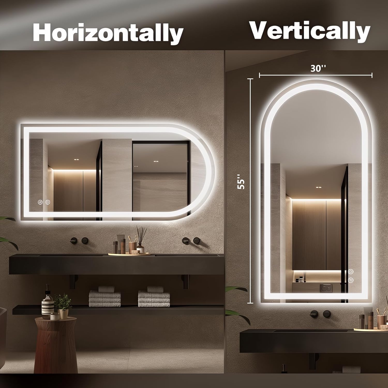 Niccy Arched LED Mirror for Bathroom, 55x30 Vanity Mirror with Light Frameless Bathroom Mirror, Smart Lighted Frontlit Mirrors with Memory Function for Bathroom Bedroom Beauty Hair Salon