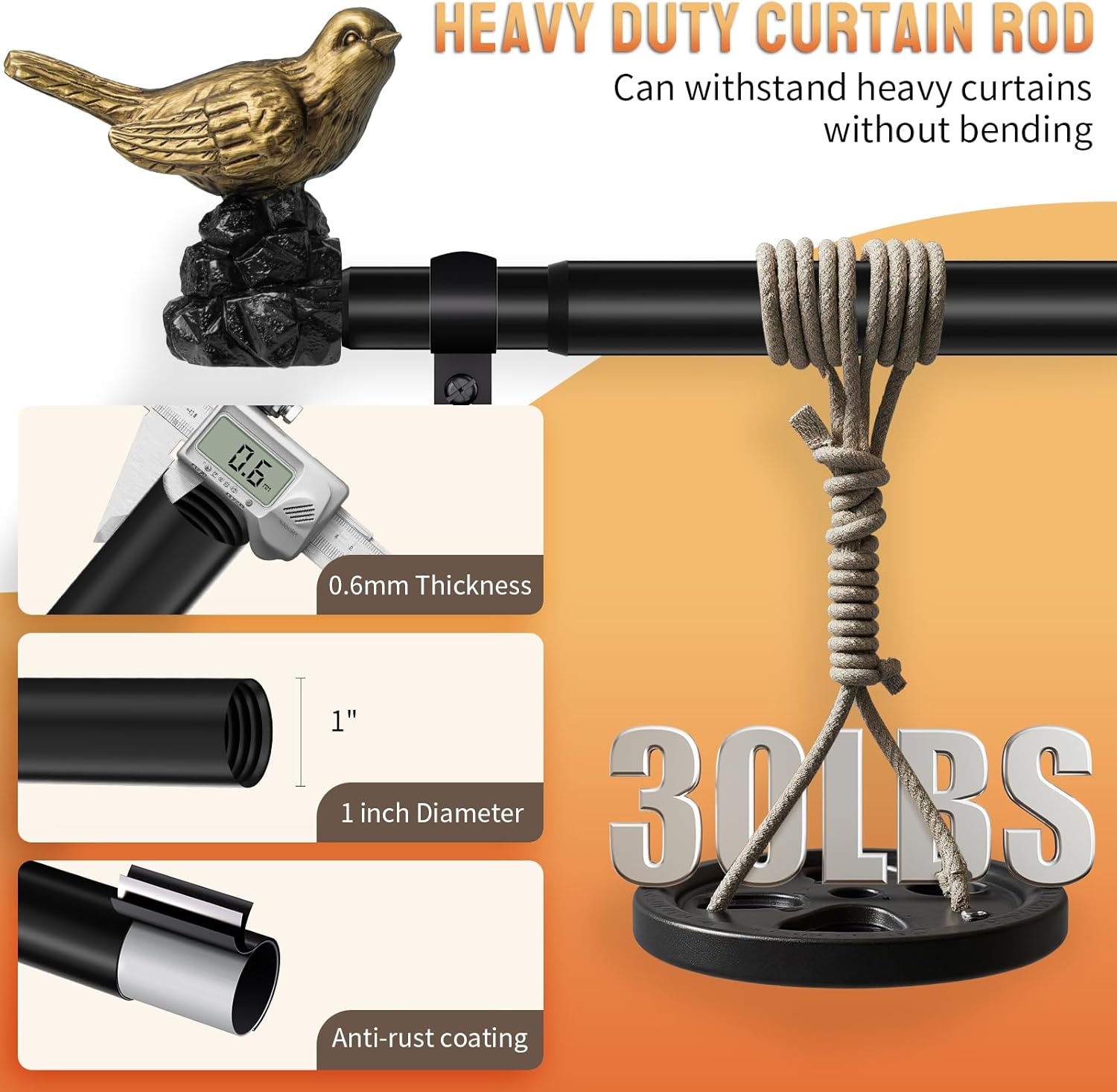 Decorative Black Curtain Rod 18 to 45 Inches Adjustable Drapery Rod with Bird Finials Heavy Duty Curtain Rods for Windows Living Room Kitchen