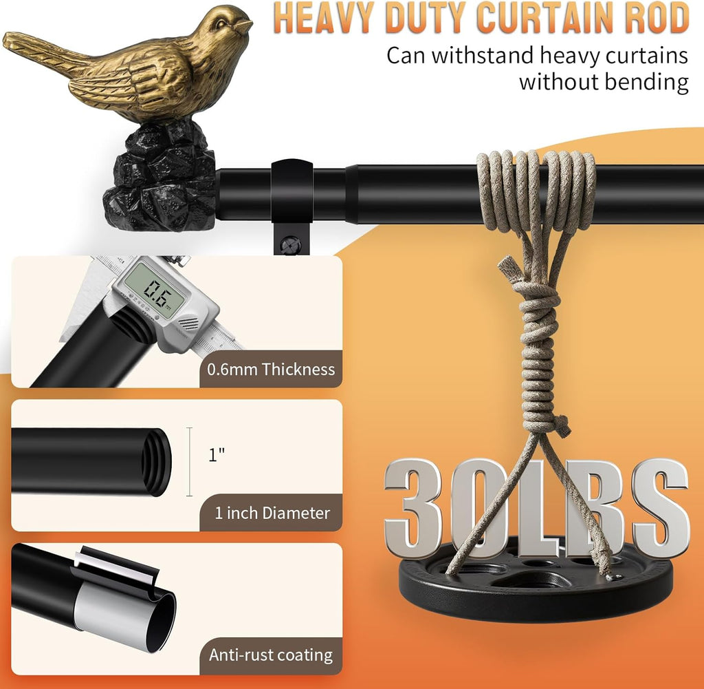 Decorative Black Curtain Rod 48 to 90 Inches Adjustable Drapery Rod with Bird Finials Heavy Duty Curtain Rods for Windows Living Room Kitchen