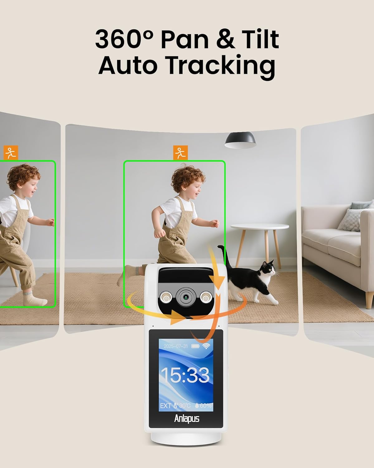 Anlapus C520M 5MP PT Plug-in Indoor Security Camera with 2.8 inch HD Screen, 3K Pet Camera with Phone App, 360 View, 2-Way Talk, AI Person/Motion/Pet Detection, Auto Tracking, for Pet Baby Elderly