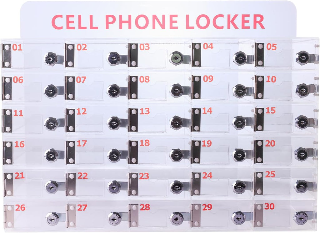 30 Slots Clear Cell Phone Locker,Acrylic Cell Phone Organizer Phones Storage Cabinet Wall Mounted with Door Locks Keys for Factory Office School 12.9X20.6X7.2inch