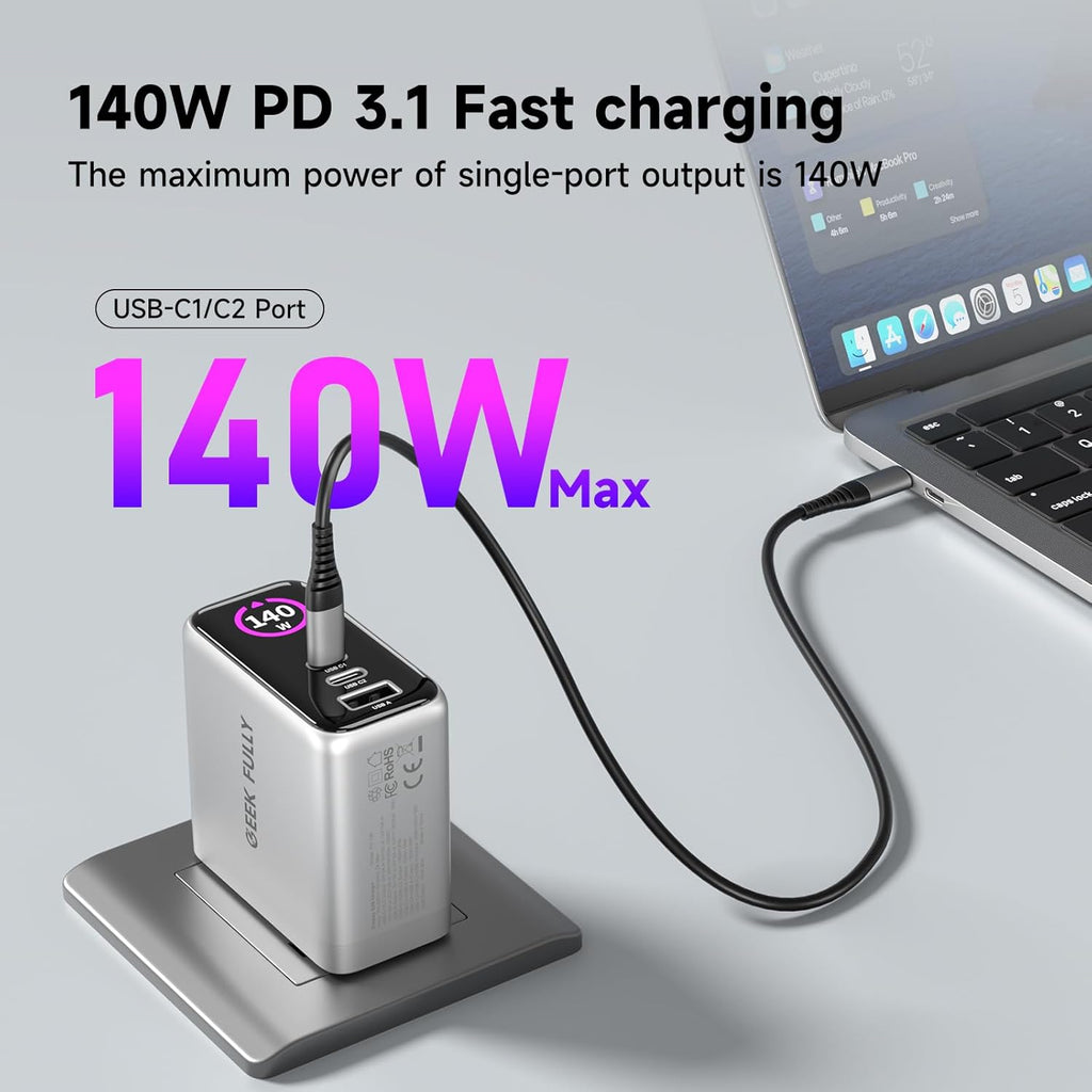 140W MAX USB C Charger | 3-Port Fast Charging Station (2xUSB-C PD3.1 + USB-A QC3.0) | Intuitive Touch Controls, for for MacBook, iPhone 17/16 Series, Samsung Galaxy, Pixel and More