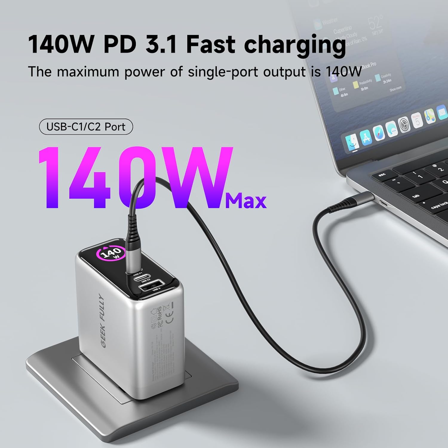 140W MAX USB C Charger | 3-Port Fast Charging Station (2xUSB-C PD3.1 + USB-A QC3.0) | Intuitive Touch Controls, for for MacBook, iPhone 17/16 Series, Samsung Galaxy, Pixel and More