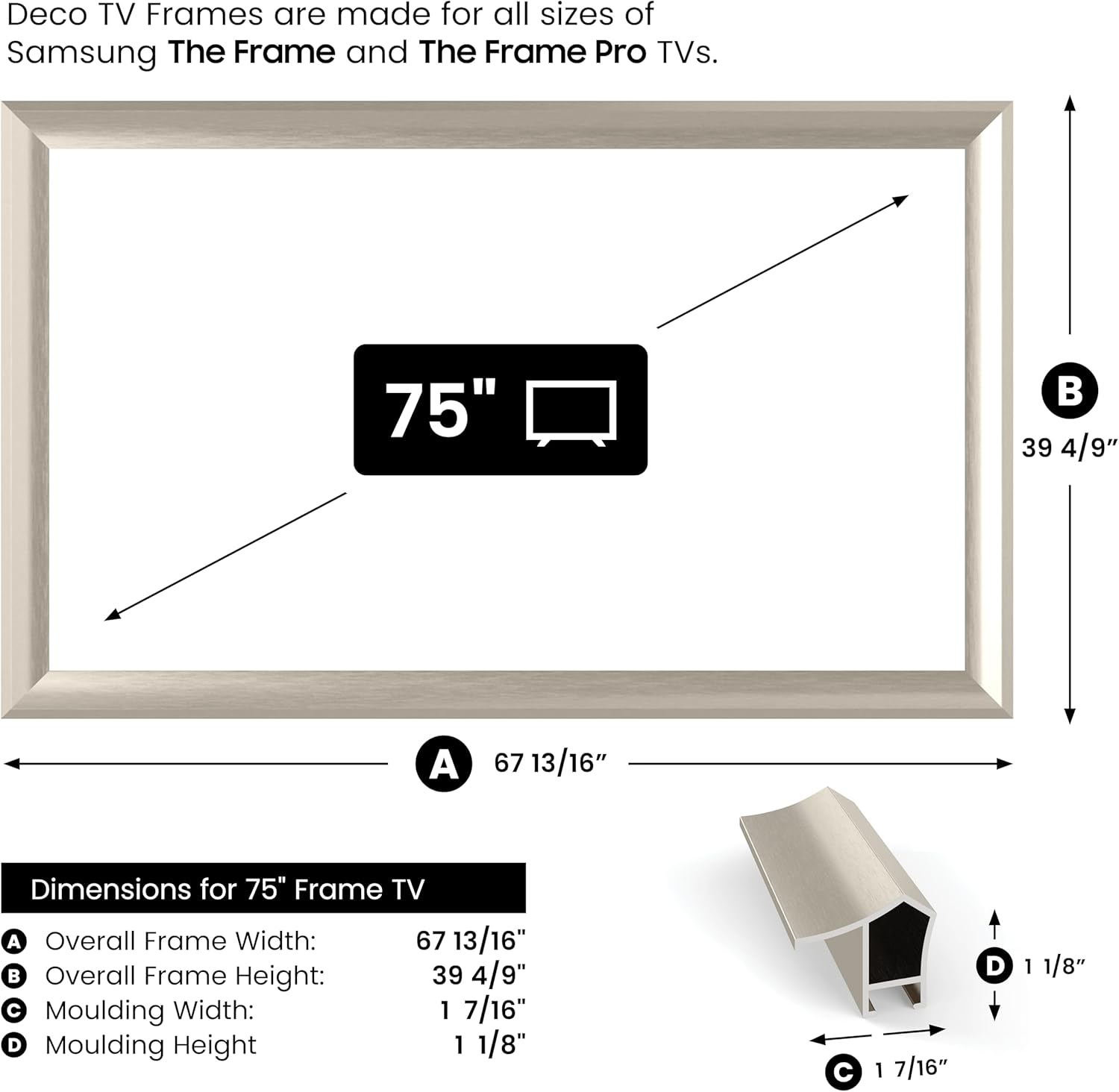 German Silver Prismatic 75" Alloy Deco TV Frame - Compatible ONLY with Samsung The Frame TV and Pro TVs (Fits 2021-2025, LS03A, LS03B,LS03C,LS03D,LS03FA,LS03FW)