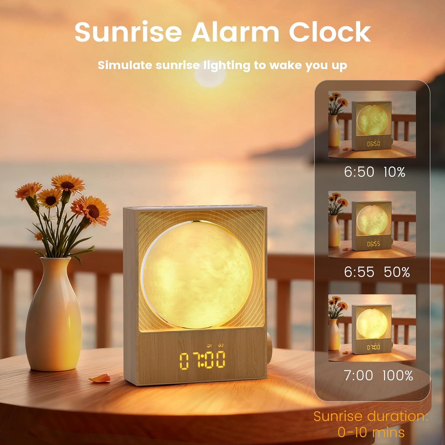 Sunrise Alarm Clock, 360-Degree Rotating Moonlight & 10 White Noise Sounds, Dual Alarm & Snooze for Heavy Sleeper, Timer, Wooden Bedroom Light Gift - Wood