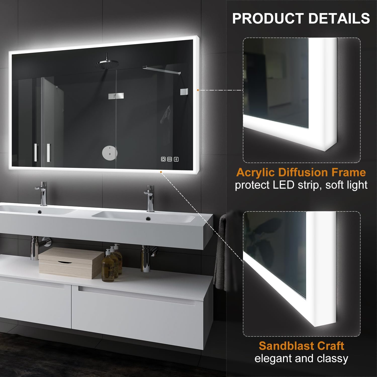 SBAGNO LED Bathroom Mirror with Lights, 40''x28'' 3D Border Bathroom Vanity Wall Mirror with Bluetooth, Anti-Fog, Stepless Dimming, 3 Colors, Tempered Glass Lighted Vanity Mirror for Bathroom