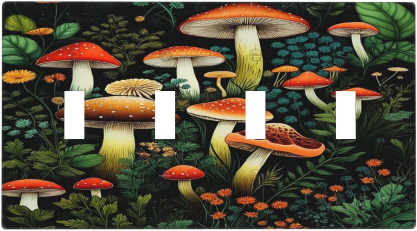 Decorative Light Switch Plate Covers Boho Red Mushroom Green Leaf Plants Floral 4 Gang Wall Plate Switch Cover Plate Quad Toggle Jumbo Electrical Faceplate for Bedroom Home Decor