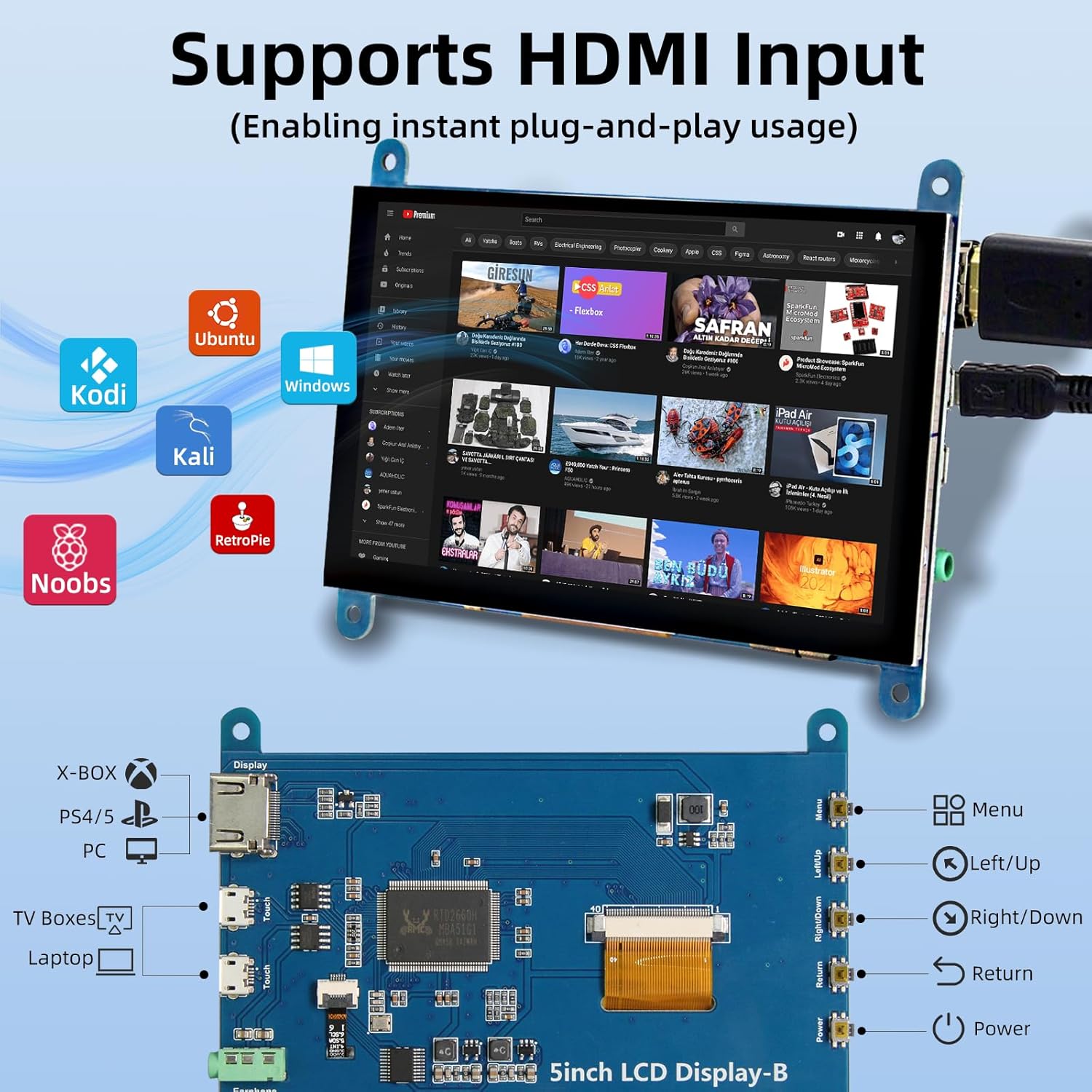 5'' Raspberry Pi Monitor, Capacitive Touchscreen Monitor 800x480 HDMI IPS Screen for Raspberry Pi 5 4 3 2 Zero BB, Driver-Free
