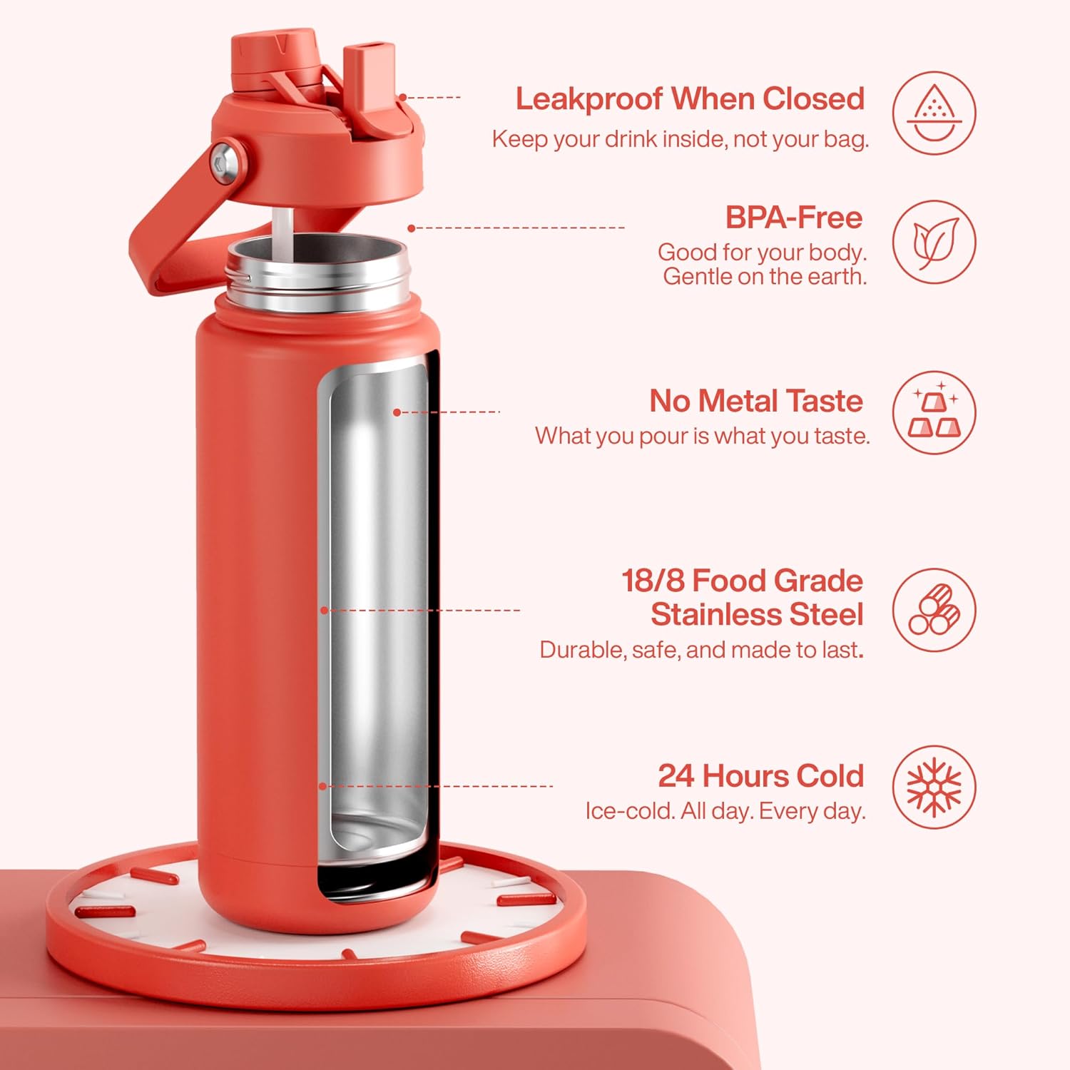 ENCOOL Insulated Water Bottle with Straw Stainless Steel Water Bottle, Leak-Proof, BPA-Free, Double Wall Vacuum Keeps Cold for 24 Hours for Sports, Travel, School (32 oz, Tawny Orange)