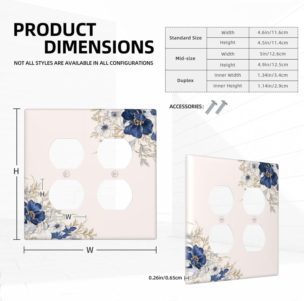 Decorative Outlet Covers Rustic Blue Beige Flower Peony Floral 2 Gang Light Switch Cover Plate Double Duplex Wall Plates for Electrical Outlets Switch Plate Covers for Bedroom Home Decor