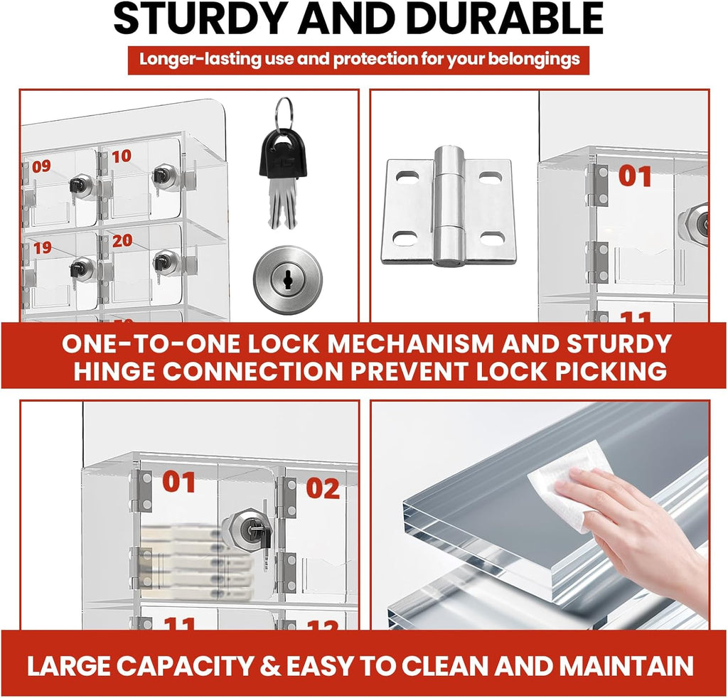 41x25x7-inch Cell Phone Storage Locker, 60 Slots Cell Phone Locker Box — Storage Cabinet with Anti-Tamper Door Locks and Keys (Transparent Acrylic Material), Wall-Mounted Design