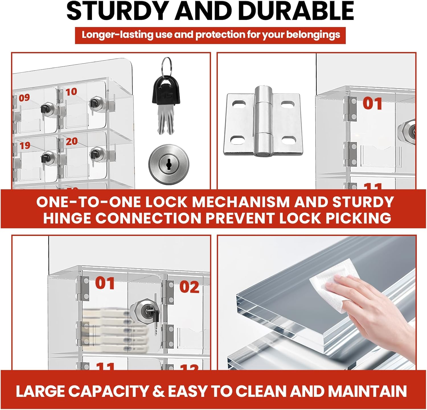 41x25x7-inch Cell Phone Storage Locker, 60 Slots Cell Phone Locker Box — Storage Cabinet with Anti-Tamper Door Locks and Keys (Transparent Acrylic Material), Wall-Mounted Design