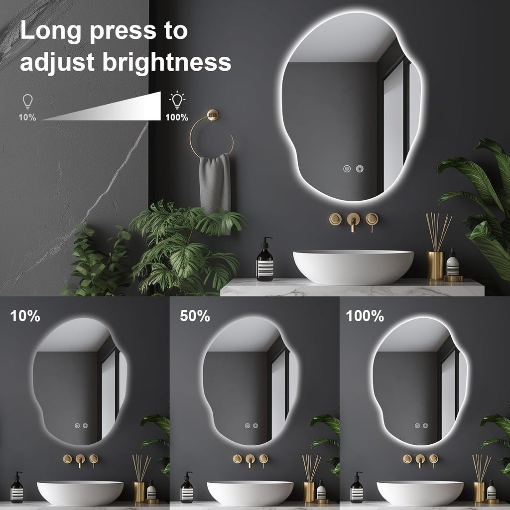 Irregular LED Bathroom Mirror with Lights,Asymmetrical Led Bathroom Vanity Mirror for Wall with Backlit, Anti Fog, 3 Colors and Dimmable Light,[Horizontal/Vertical] 30" H x 22" W