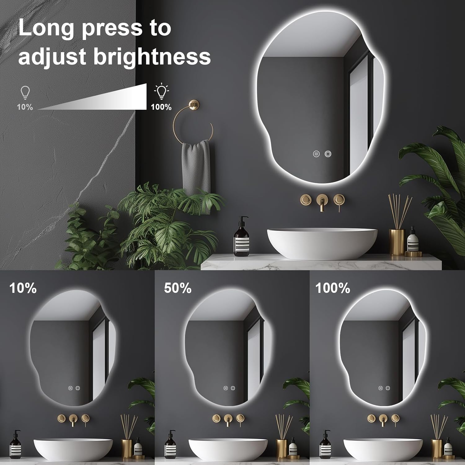Irregular LED Bathroom Mirror with Lights,Asymmetrical Led Bathroom Vanity Mirror for Wall with Backlit, Anti Fog, 3 Colors and Dimmable Light,[Horizontal/Vertical] 30" H x 22" W