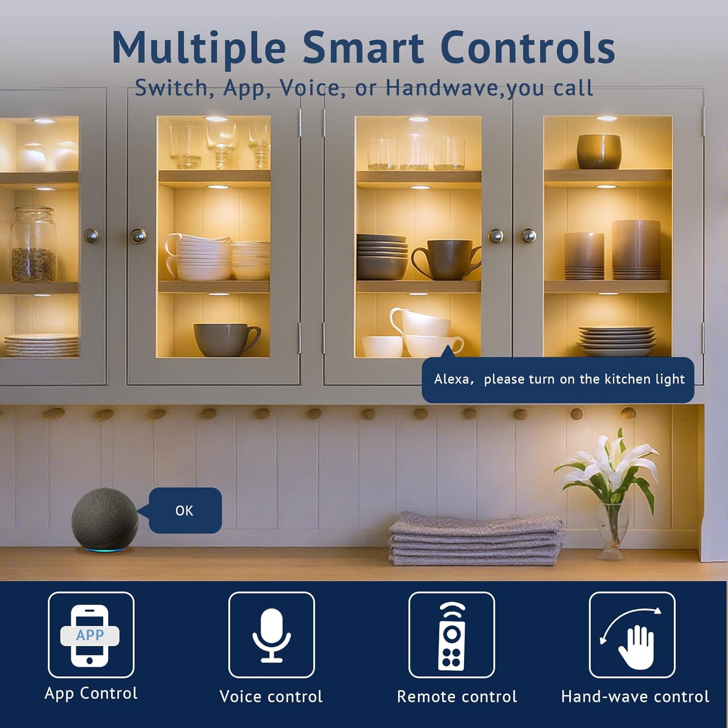 V4light Smart LED Puck Lights,Under Cabinet Lighting Kit with App, Voice, Remote & Hand Control, Works with Alexa & Google Home, Dimmable & Adjustable Color Temperature for Kitchen, Closet, Shelf